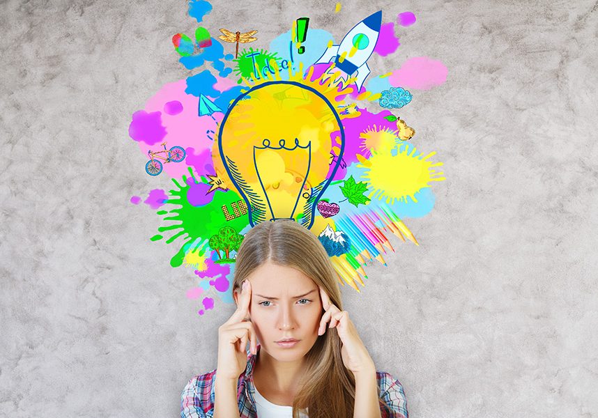 Creative idea concept Portrait of attractive pensive caucasian girl with bright colorful sketch. Creative idea concept