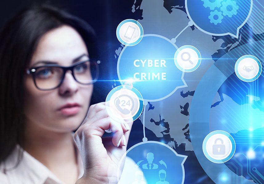 Business, Technology, Internet and network concept. Young busine Business, Technology, Internet and network concept. Young businessman working on a virtual screen of the future and sees the inscription: Cyber crime