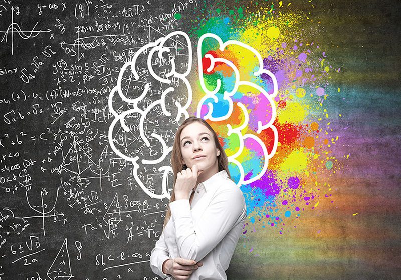 Right and left hemispheres, creative and analytical thinking concept with thoughtful businesswoman on background divided into colorful and mathematical formula walls