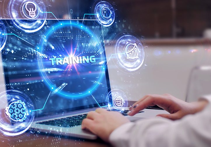 Business, Technology, Internet and network concept. Coaching men Business, Technology, Internet and network concept. Coaching mentoring education business training development E-learning concept.
